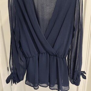 Abbeline Navy Open-Sleeve Chiffon Peplum Blouse with Tie Cuffs
